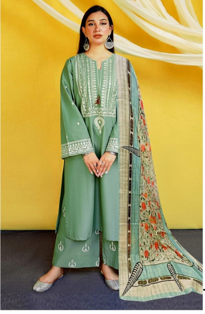 Dhanak-3PC Embroidered Shirt with Digital Printed Wool Shawl