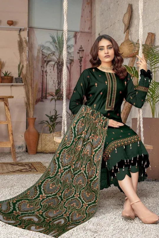 3PC UNSTITCHED DHANAK EMBROIDERED SHIRT WITH DHANAK APLIK WORK SHAWL EMBROIDERED DUPATTA ZS-110 A
