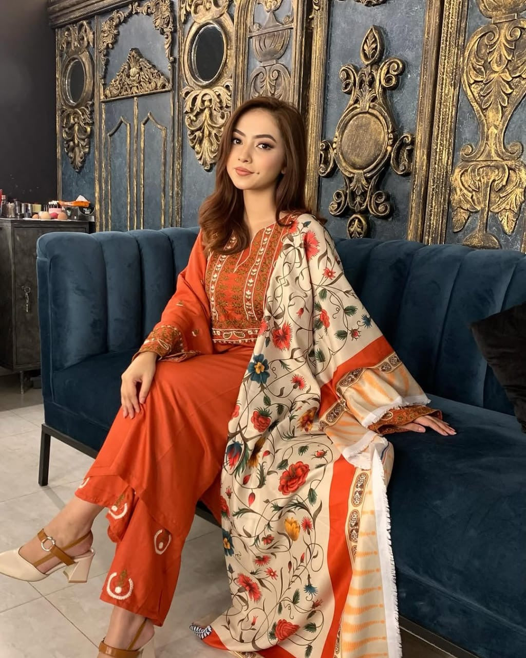 Dhanak-3PC Embroidered Shirt with Digital Printed Wool Shawl
