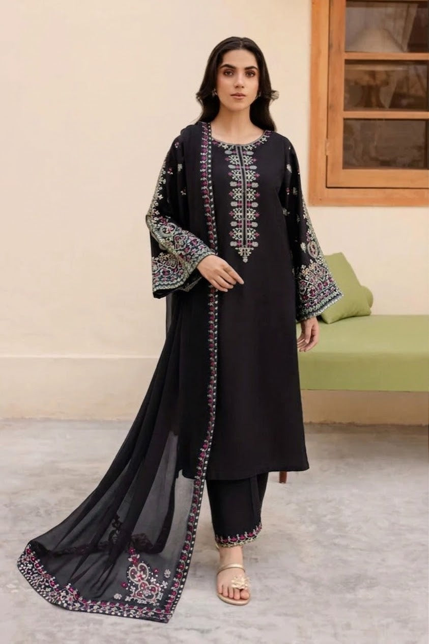 3PC UNSTITCHED DHANAK EMBROIDERED SUIT ZE-1001 Black