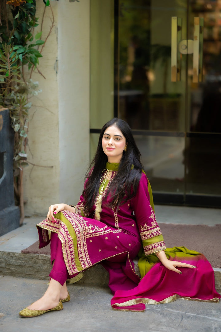 WINTER-3PC DHANAK EMBROIDERED SHIRT WITH COUTRAI PRINTED SHAWL & DHANAK TOUSER-4223