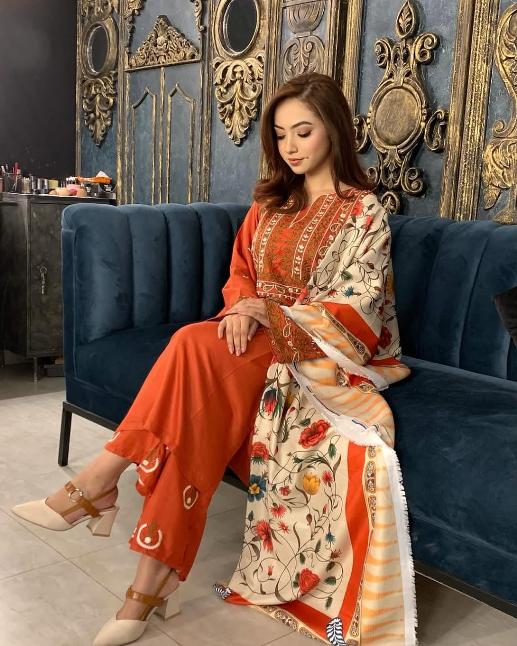 Dhanak-3PC Embroidered Shirt with Digital Printed Wool Shawl