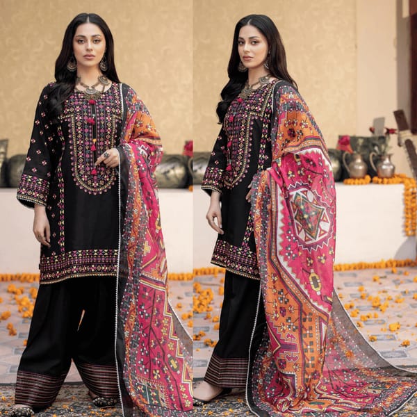 Dhanak-3PC Embroidered Shirt with Digital Printed Wool Shawl