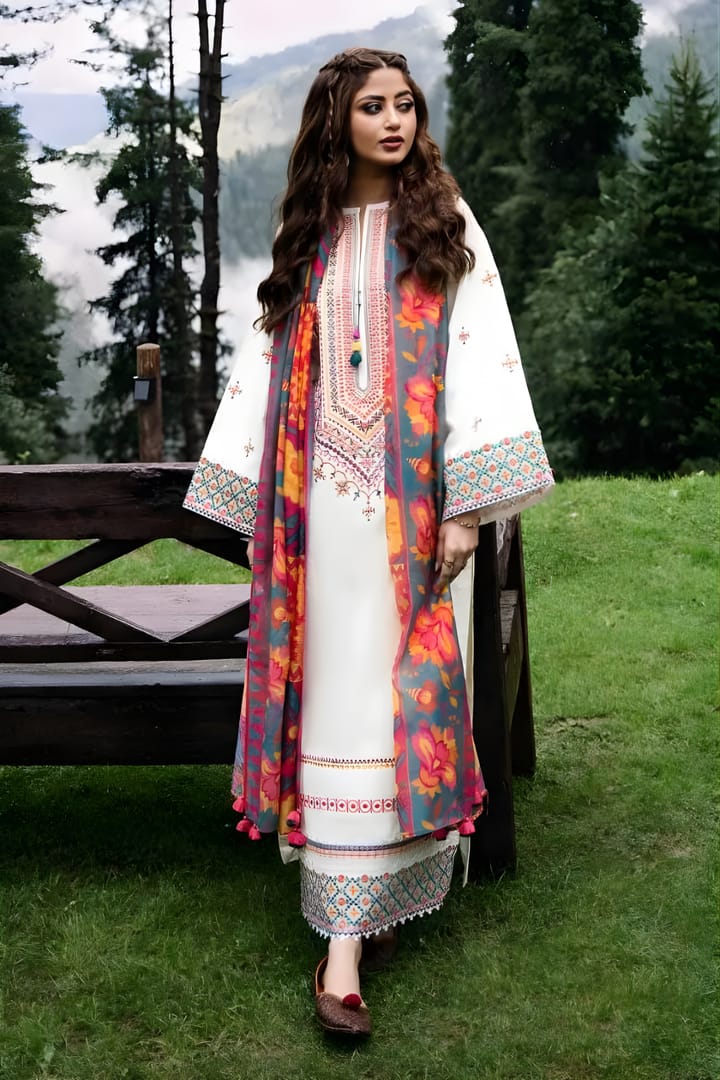 Dhanak-3PC Embroidered Shirt with Digital Printed Wool Shawl