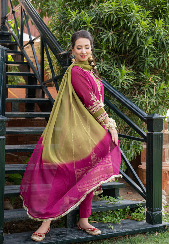 WINTER-3PC DHANAK EMBROIDERED SHIRT WITH COUTRAI PRINTED SHAWL & DHANAK TOUSER-4223