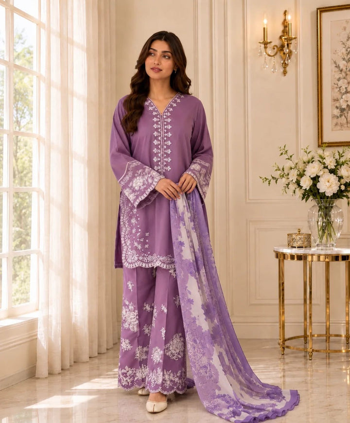 Dhanak-3PC Embroidered Shirt with Digital Printed Wool Shawl