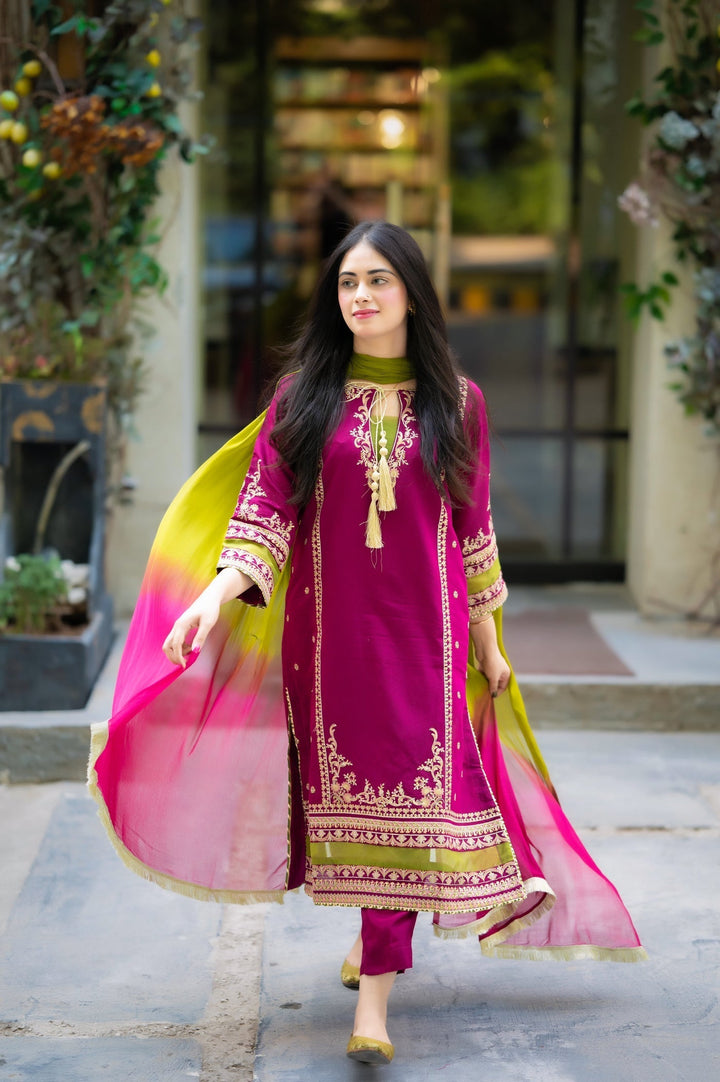 WINTER-3PC DHANAK EMBROIDERED SHIRT WITH COUTRAI PRINTED SHAWL & DHANAK TOUSER-4223