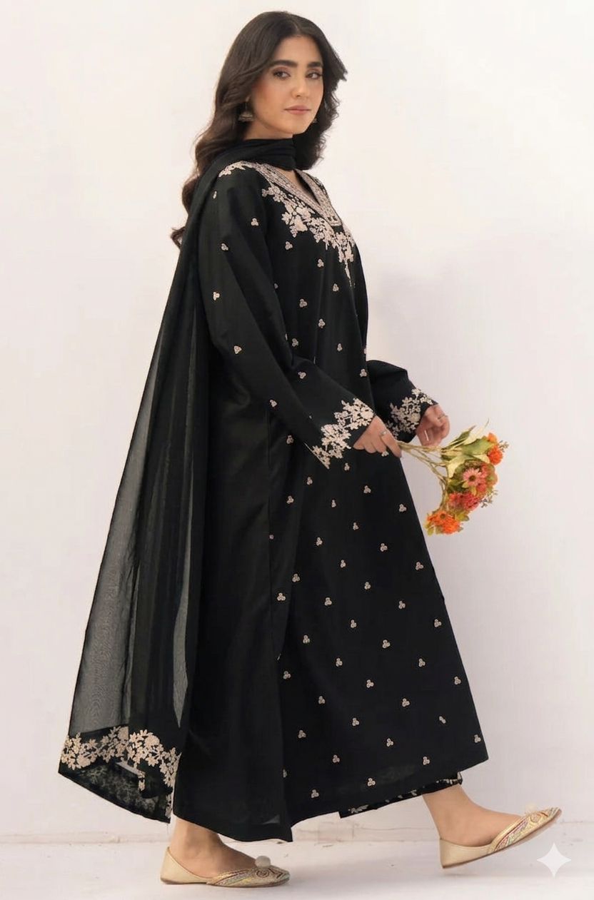 GRACE EMBROIDERED 3PC Dhanak DRESS Black