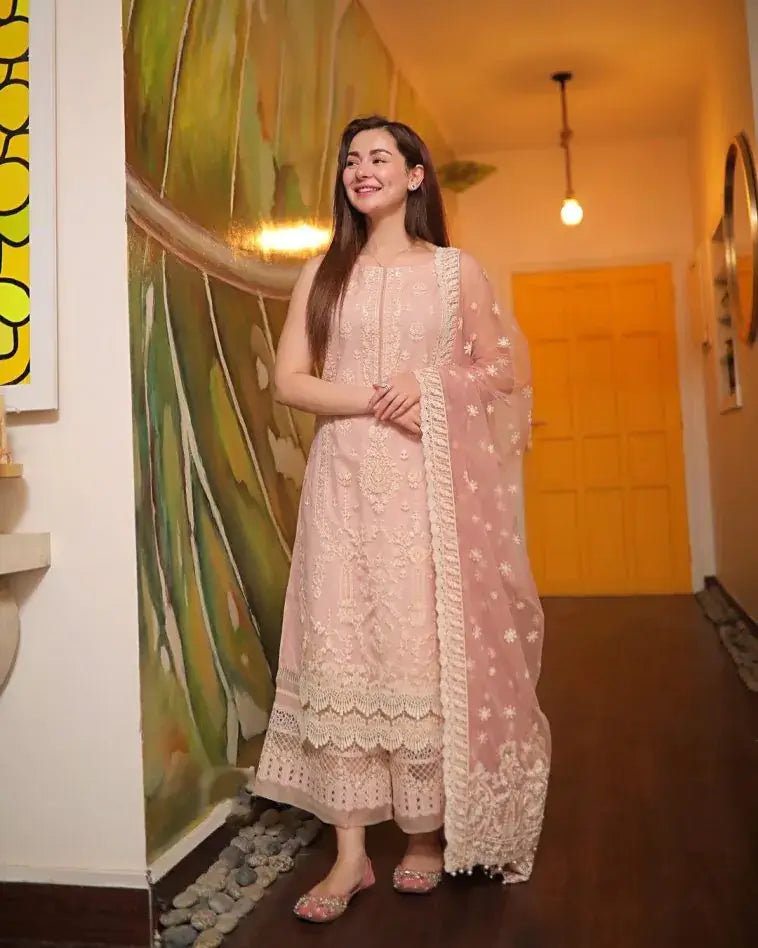 Dhanak-3PC Embroidered Shirt with Chiffon Embroidered Dupatta