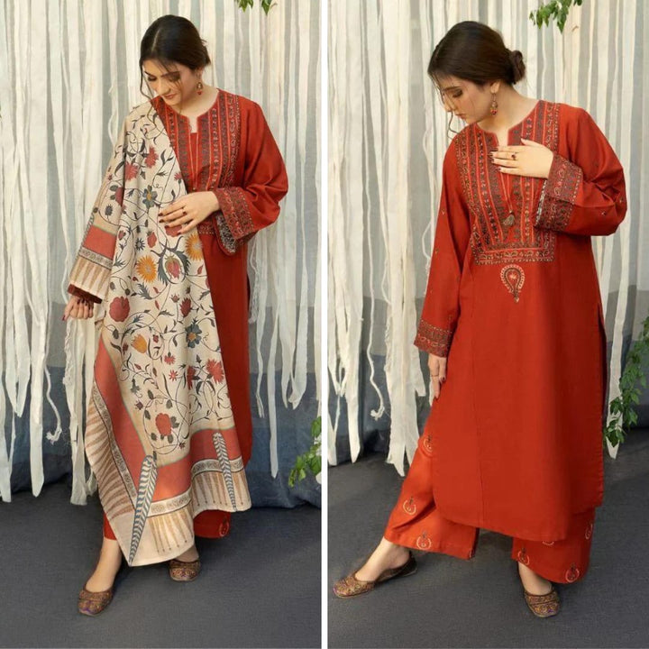 Dhanak-3PC Embroidered Shirt with Digital Printed Wool Shawl