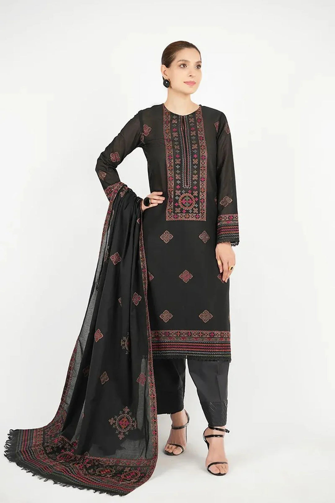 BAREEZE DHANAK 3PC EMBROIDERED DRESS WITH READY TO WEAR HEAVY EMBROIDERY SHAWL