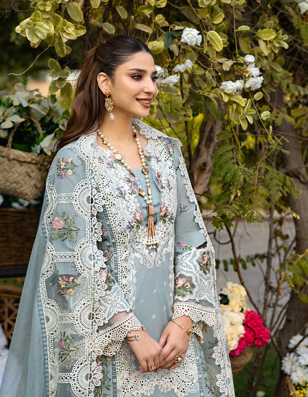 '-3PC DHANAK EMBROIDERED SHIRT WITH  EMBROIDERED SHAWL & TROUSER-BIC-