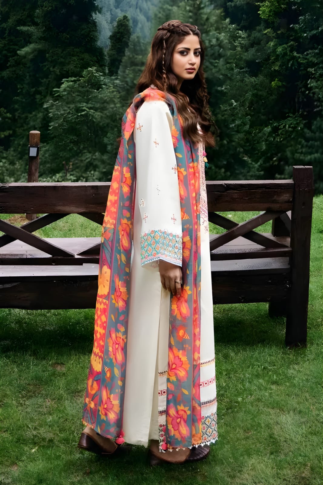 Dhanak-3PC Embroidered Shirt with Digital Printed Wool Shawl