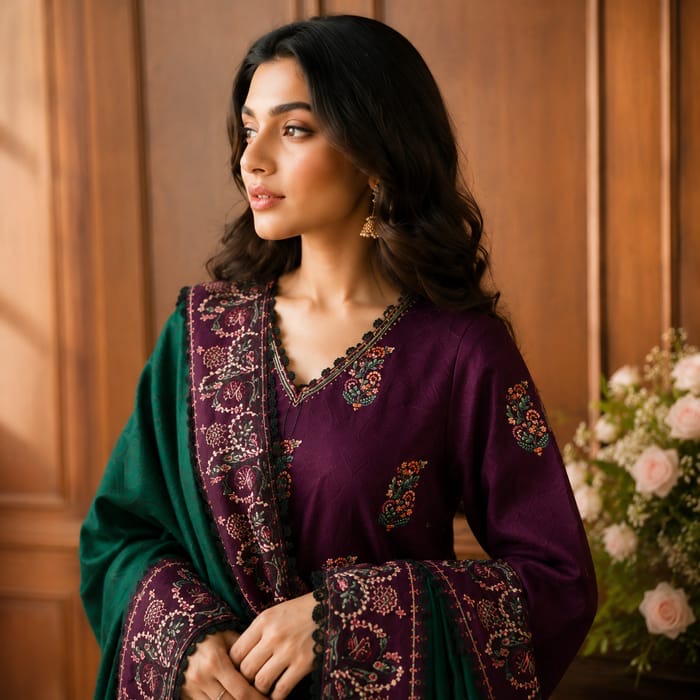 Dhanak-3PC Embroidered Shirt with Dhanak Embroidered Shawl - 110