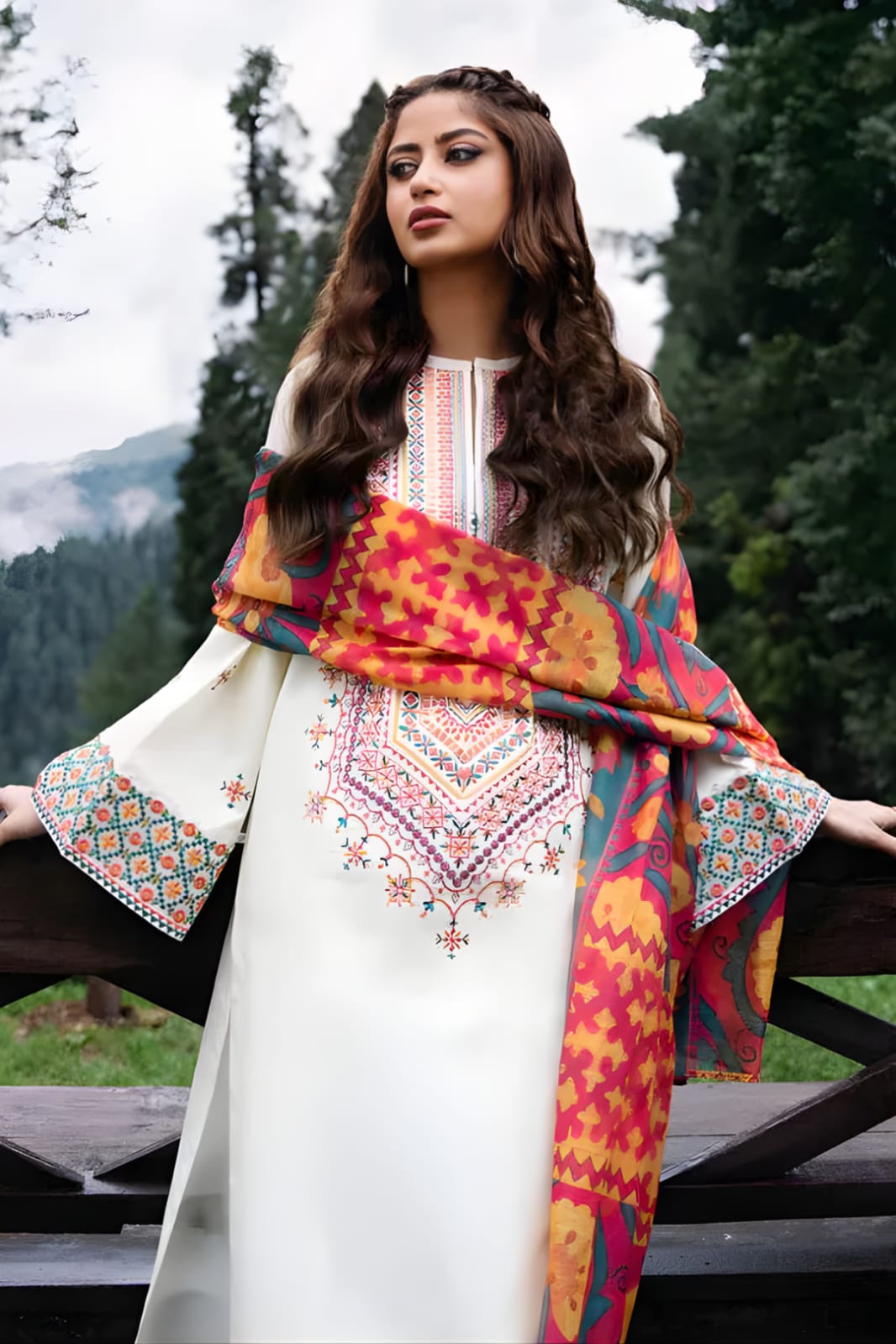 Dhanak-3PC Embroidered Shirt with Digital Printed Wool Shawl