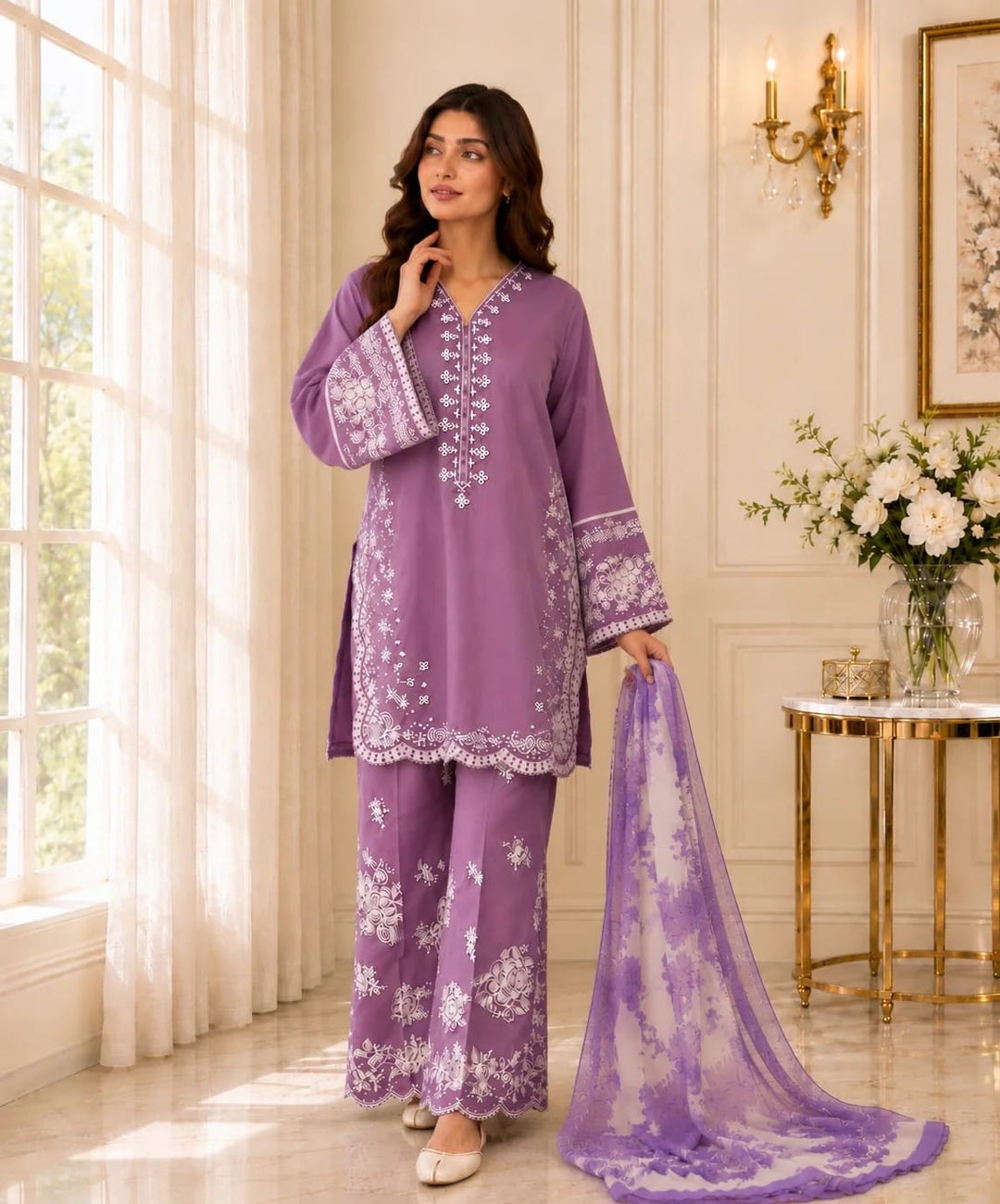 Dhanak-3PC Embroidered Shirt with Digital Printed Wool Shawl
