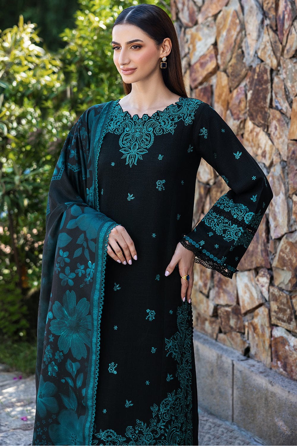 3PC UNSTITCHED DHANAK EMBROIDERED SHIRT WITH DHANAK EMB WORK SHAWL EMBROIDERED DUPATTA