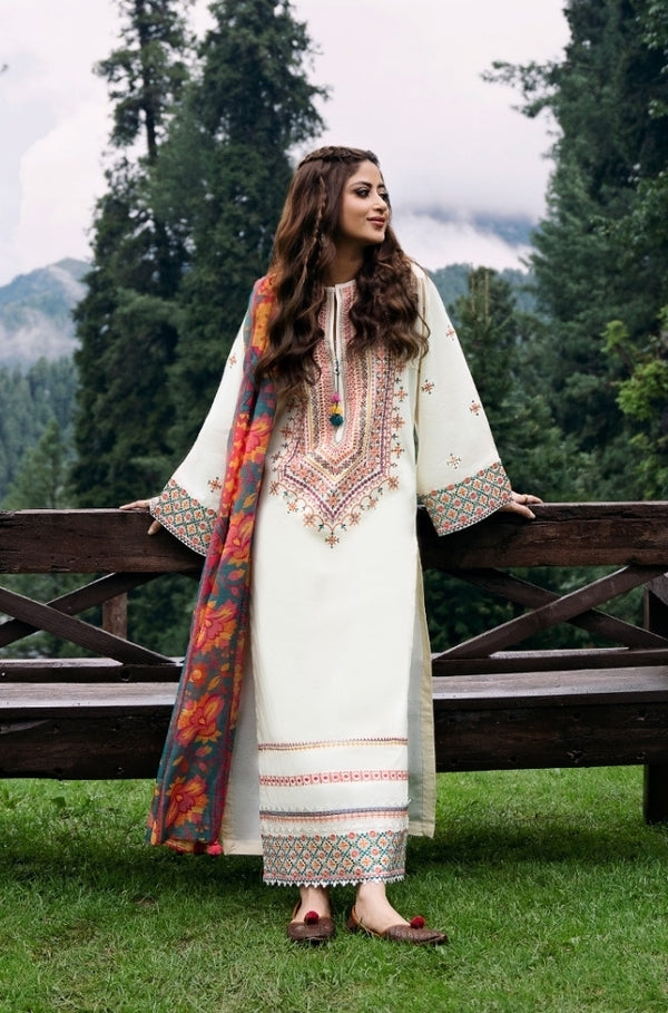 Dhanak-3PC Embroidered Shirt with Digital Printed Wool Shawl