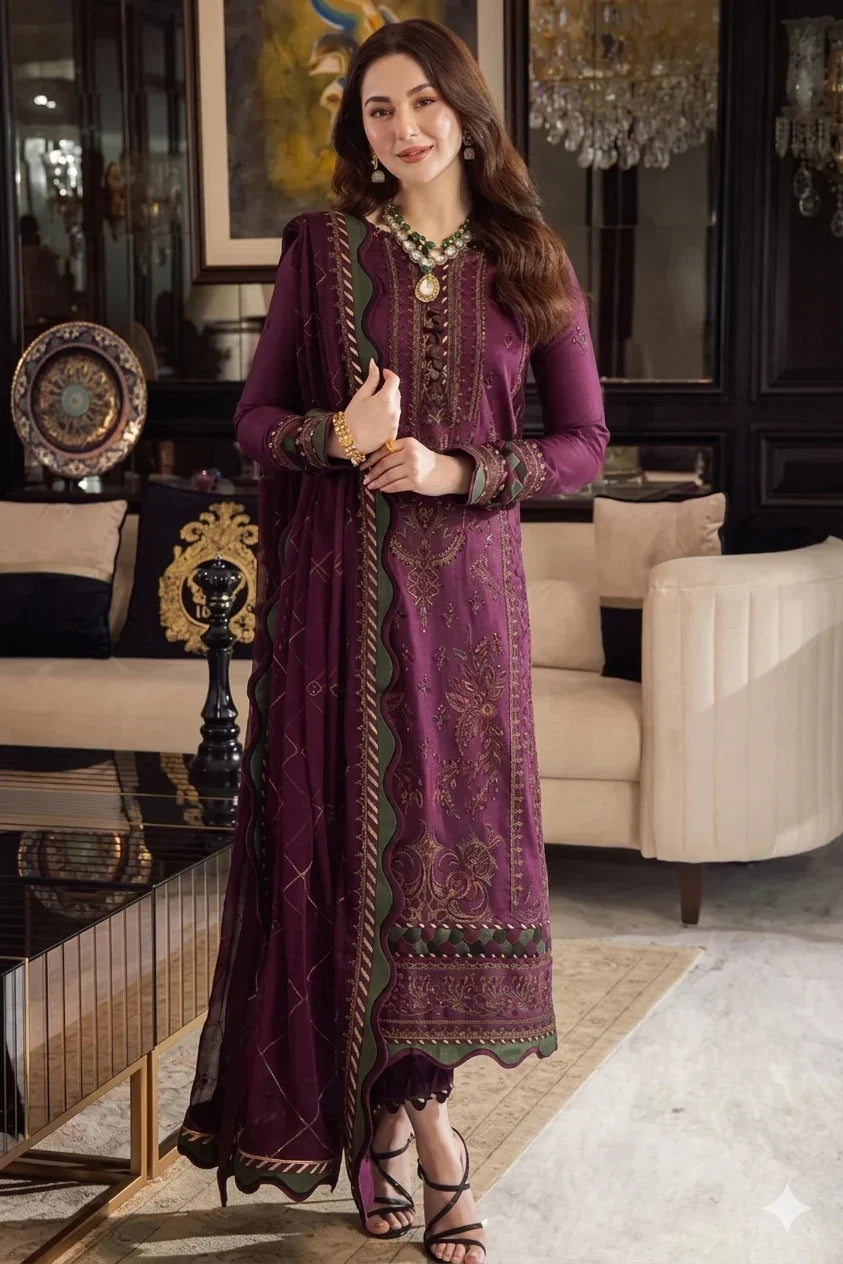 DHANAK HEAVY EMBROIDERED DRESS WITH EMBROIDERED & READY TO WEAR 4 SIDED LACE SHAWL BA-3090