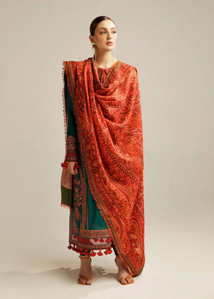 ZAIB-3PC DHANAK EMBROIDERED SHIRT WITH DHANAK EMBROIDERED SHAWL AND TROUSER-BIC-5031