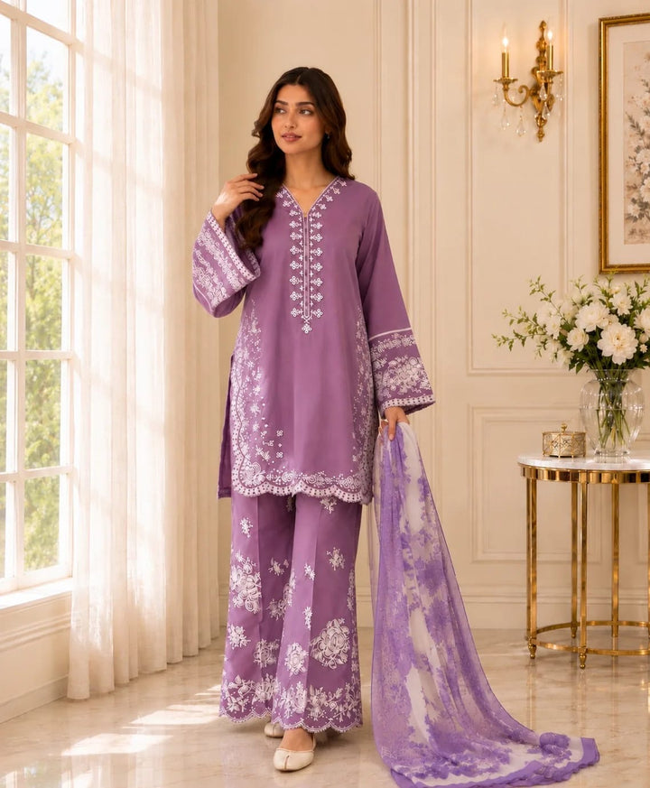 Dhanak-3PC Embroidered Shirt with Digital Printed Wool Shawl
